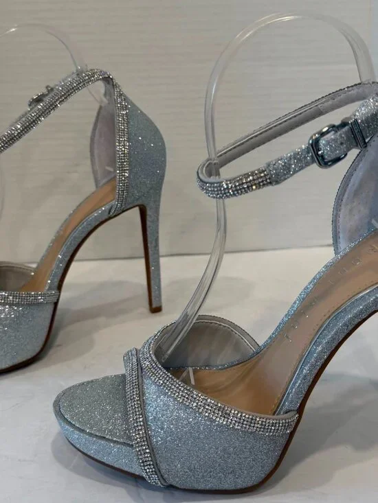 Gianni Bini Constantz Silver Glitter Stiletto Heel Ankle Strap Sandals - Picture 2 of 9